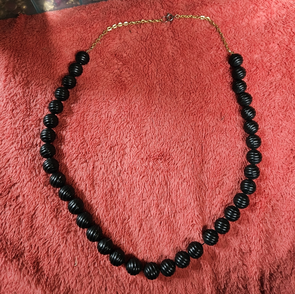 Handmade 27" Black Plastic Beaded Necklace With Gold Chain And Silver Clasp